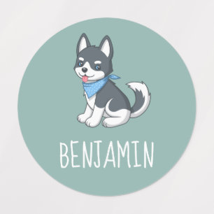Cute Cartoon Husky Puppy Dog on Green Kids' Labels
