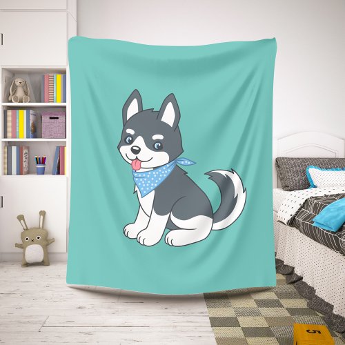 Cute Cartoon Husky Puppy Dog on Green Sherpa Blanket