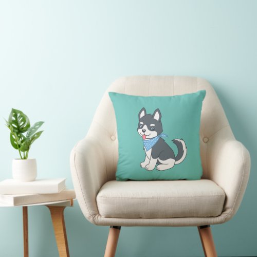 Cute Cartoon Husky Puppy Dog on Green Throw Pillow