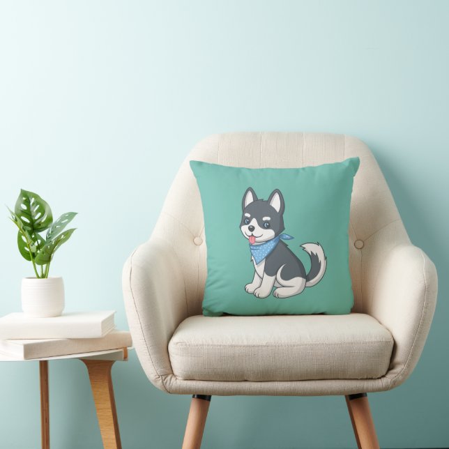 Cute Cartoon Husky Puppy Dog on Green Throw Pillow (Chair)