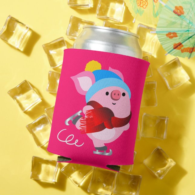 Cute Cartoon Ice Skating Pig Can Cooler (In Situ Summer)