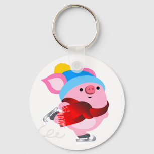 Cute Cartoon Ice Skating Pig Keychain