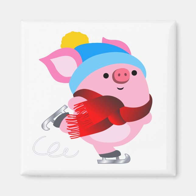 Cute Cartoon Ice Skating Pig Magnet (Front)