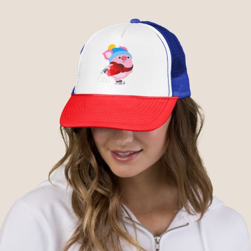 Cute Cartoon Ice Skating Pig Trucker Hat