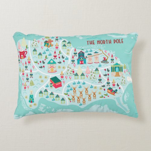 Cute Cartoon Illustrated North Pole Village Accent Pillow