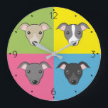 Cute cartoon Italian greyhounds colorful pop art Large Clock<br><div class="desc">Cartoon pop art  - cute Italian greyhound faces in 4 colors :) 🔹 You can customize it - edit numbers font and color,  rotate/resize image,  add text and more!  🔹🔹🔹 Send me a photo of your purchase or just share it and tag me @edrawings38art (on FB/IG/Twitter)! Thank you! 💜</div>