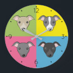 Cute cartoon Italian greyhounds colorful pop art Large Clock<br><div class="desc">Cartoon pop art  - cute Italian greyhound faces in 4 colors :) 🔹 You can customize it - edit numbers font and color,  rotate/resize image,  add text and more!  🔹🔹🔹 Send me a photo of your purchase or just share it and tag me @edrawings38art (on FB/IG/Twitter)! Thank you! 💜</div>