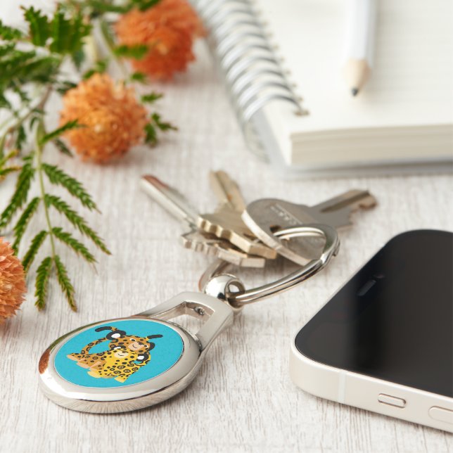 Cute Cartoon Jaguars In Love Metal Keychain (Side)