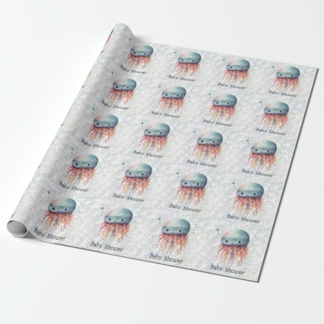 Cute Cartoon Jellyfish Bubbles Neutral Baby Shower Wrapping Paper (Unrolled)