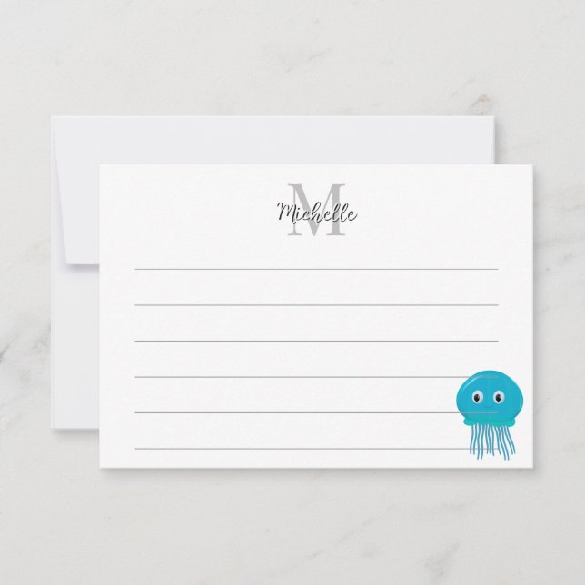 Cute Cartoon Jellyfish Custom Lined Monogram Note Card (Front)