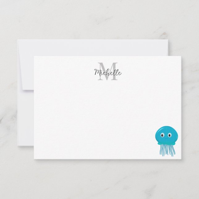 Cute Cartoon Jellyfish Custom Monogram Note Card (Front)