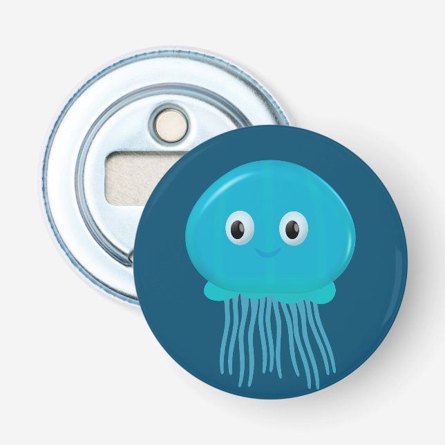 Cute Cartoon Jellyfish In Blue Ocean Bottle Opener (Front)