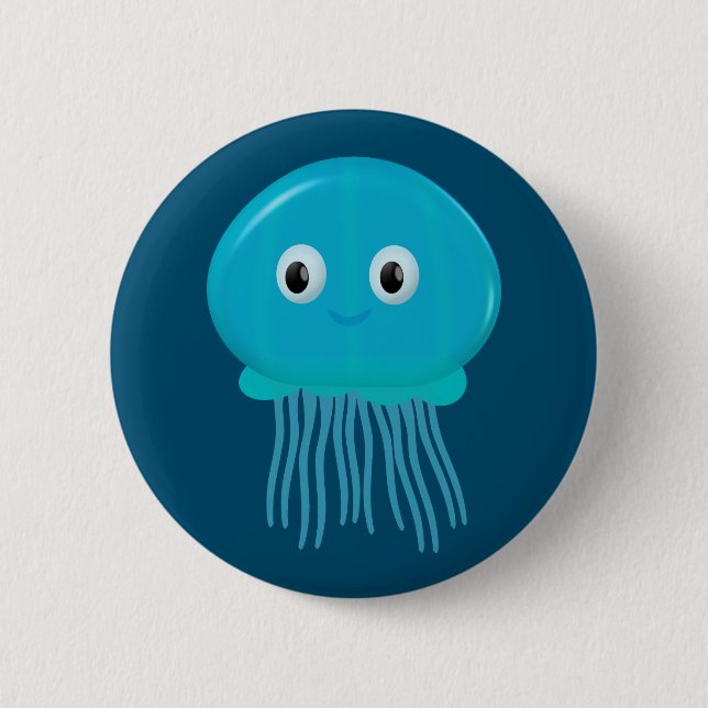 Cute Cartoon Jellyfish In Blue Ocean Button (Front)