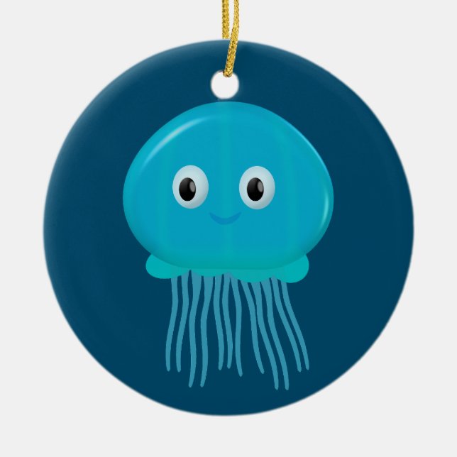 Cute Cartoon Jellyfish In Blue Ocean Ceramic Ornament (Front)