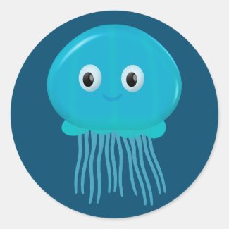 Cute Cartoon Jellyfish In Blue Ocean