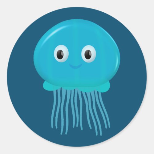 Cute Cartoon Jellyfish In Blue Ocean Classic Round Sticker