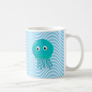 Cute Cartoon Jellyfish In Blue Ocean