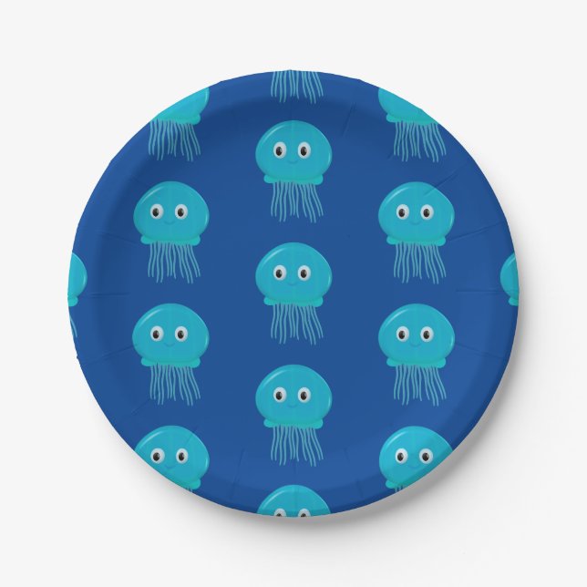 Cute Cartoon Jellyfish In Blue Ocean Paper Plates (Front)