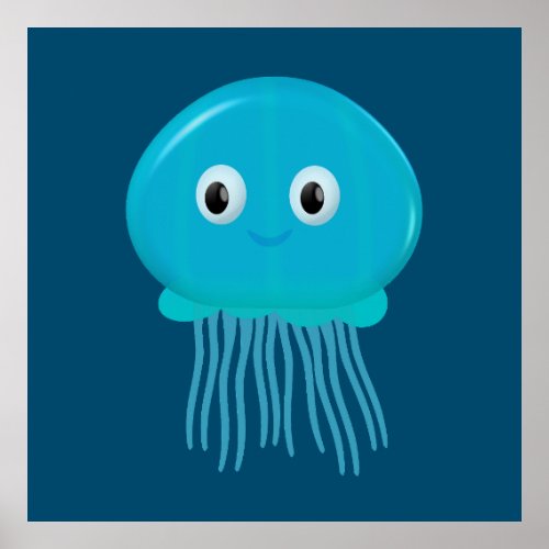 Cute Cartoon Jellyfish In Blue Ocean Poster