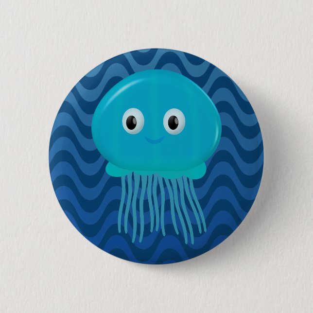 Cute Cartoon Jellyfish In Blue Waves Button (Front)