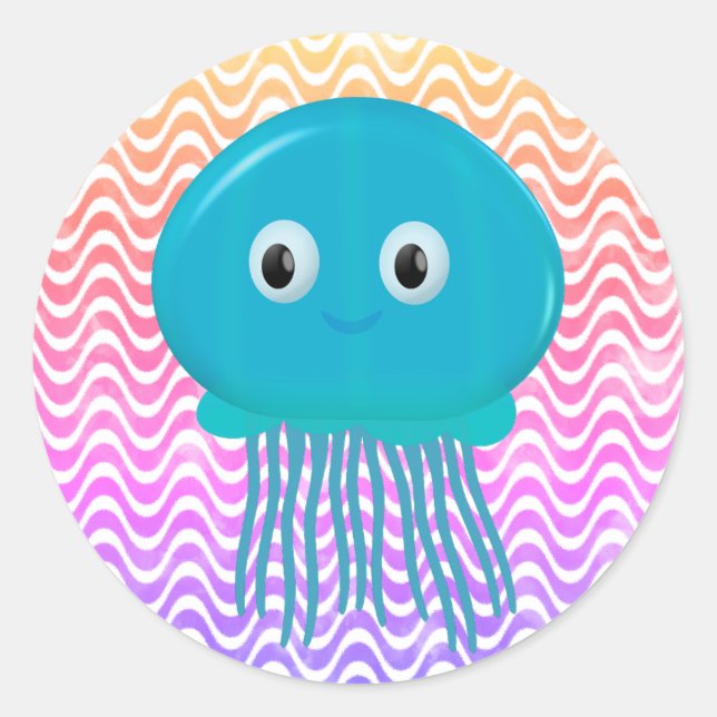 Cute Cartoon Jellyfish In Colorful Ocean Classic Round Sticker (Front)