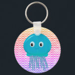 Cute Cartoon Jellyfish In Colorful Ocean Keychain<br><div class="desc">A cute blue cartoon jellyfish. Colorful wave pattern in the background.
Baby animal key chains. Gift idea for kids.</div>