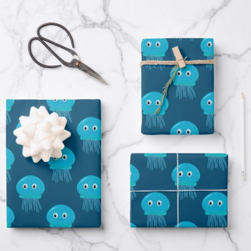 Cute Cartoon Jellyfish Pattern In Blue Ocean Wrapping Paper Sheets