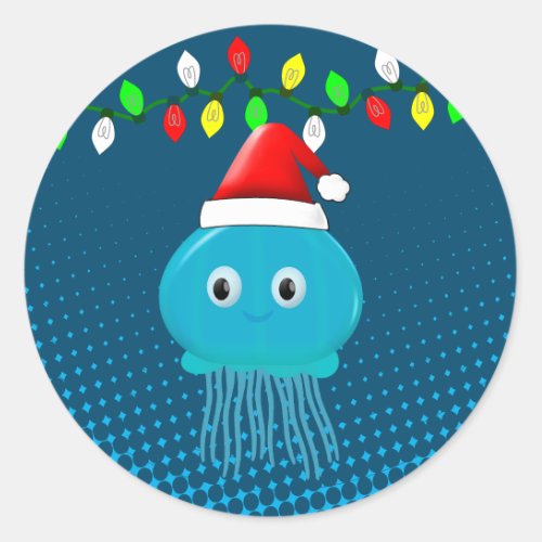 Cute Cartoon Jellyfish Santa Hat Christmas Lights Classic Round Sticker