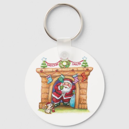 Cute Cartoon Jolly Santa Claus Coming Down Chimney Keychain