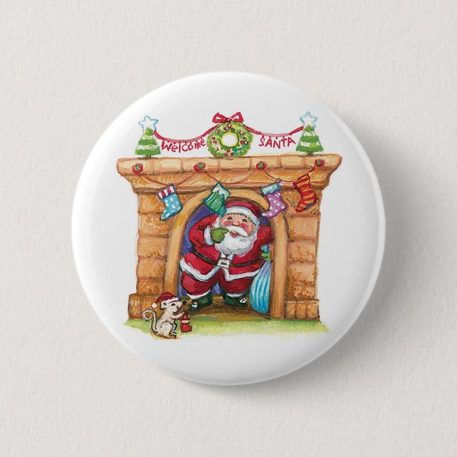 Cute Cartoon Jolly Santa Claus Coming Down Chimney Pinback Button (Front)