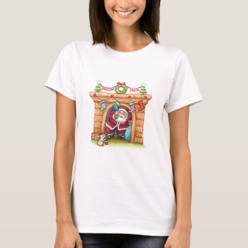 Cute Cartoon Jolly Santa Claus Coming Down Chimney T_Shirt