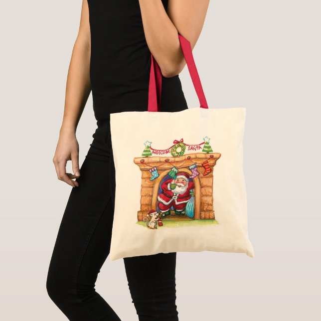 Cute Cartoon Jolly Santa Claus Coming Down Chimney Tote Bag (Front (Product))