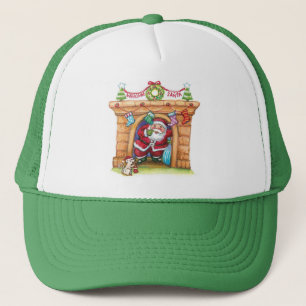 Cute Cartoon Jolly Santa Claus Coming Down Chimney Trucker Hat