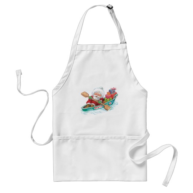 Cute Cartoon Jolly Santa Claus in a Row Boat Adult Apron (Front)