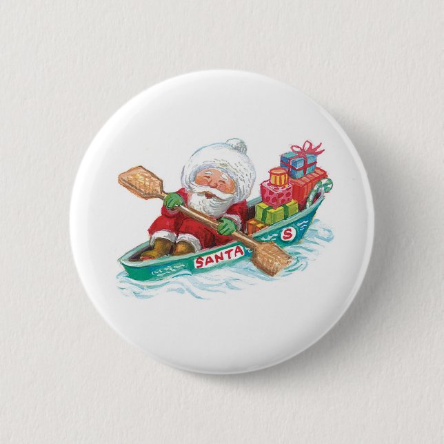 Cute Cartoon Jolly Santa Claus in a Row Boat Button (Front)