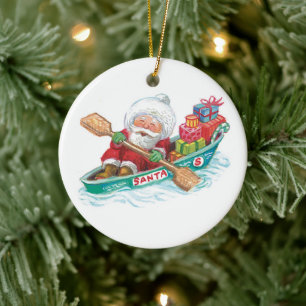 Cute Cartoon Jolly Santa Claus in a Row Boat Ceramic Ornament