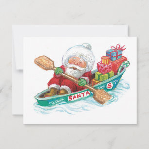 Cute Cartoon Jolly Santa Claus in a Row Boat Holiday Card