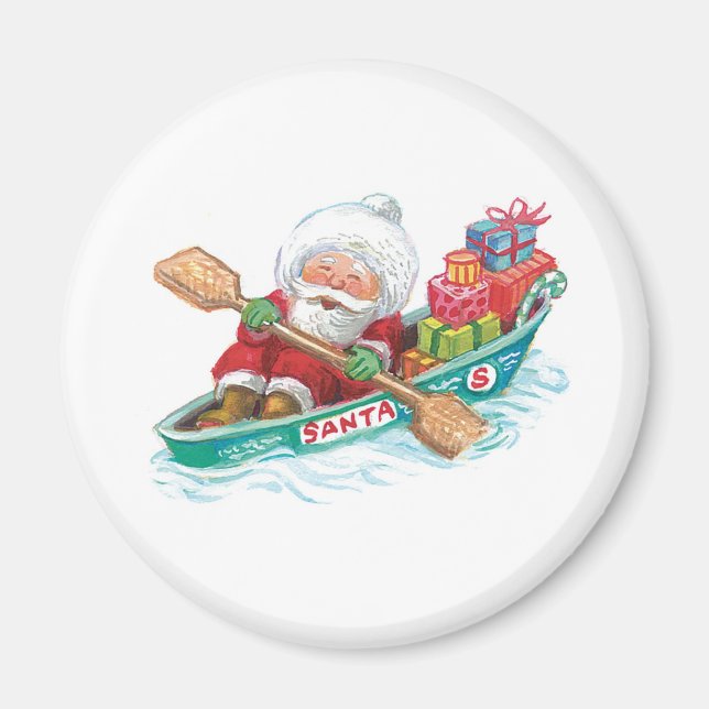 Cute Cartoon Jolly Santa Claus in a Row Boat Magnet (Front)