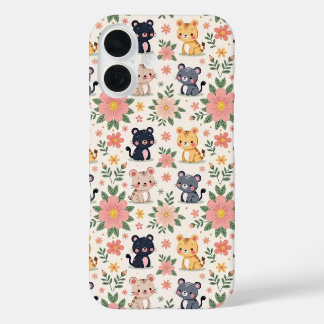 Cute Cartoon Jungle Cats and Flowers Case-Mate iPhone Case (Back)
