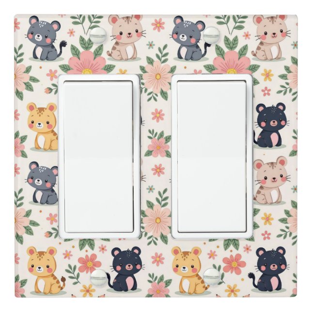 Cute Cartoon Jungle Cats and Flowers Light Switch Cover (In Situ)