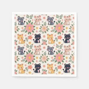 Cute Cartoon Jungle Cats and Flowers Napkins