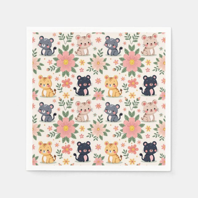 Cute Cartoon Jungle Cats and Flowers Napkins (Front)