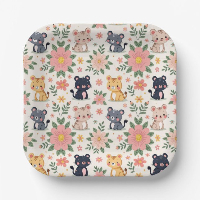 Cute Cartoon Jungle Cats and Flowers Paper Plates (Front)