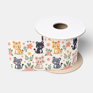 Cute Cartoon Jungle Cats and Flowers Satin Ribbon