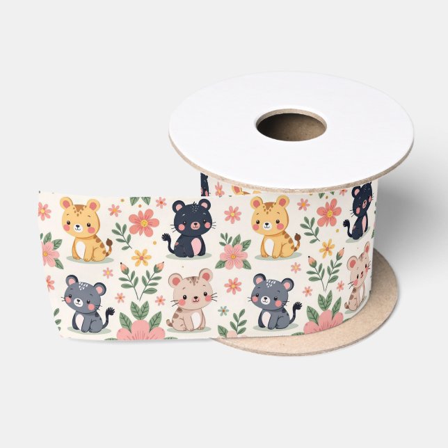 Cute Cartoon Jungle Cats and Flowers Satin Ribbon (Spool)