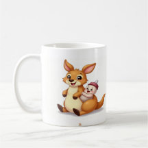 Cute Cartoon Kangaroo with Baby and Milk Bottle -