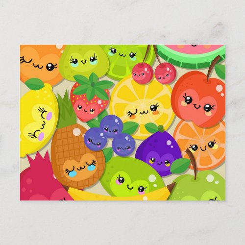 Cute Cartoon Kawaii Happy Summer Fruit Gang Postcard