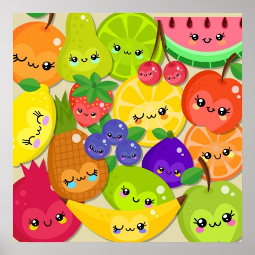 Cute Cartoon Kawaii Happy Summer Fruit Gang Poster