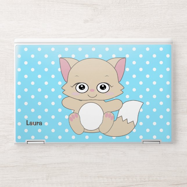 Cute Cartoon Kawaii Kitten on Polka Dots HP Laptop Skin (Front)