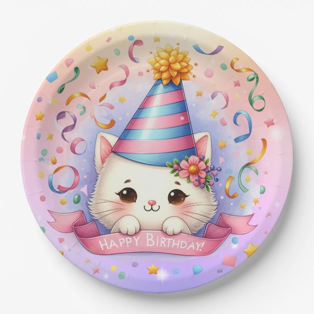Cute Cartoon Kawaii Kitty Cat Happy Birthday  Paper Plates (Front)